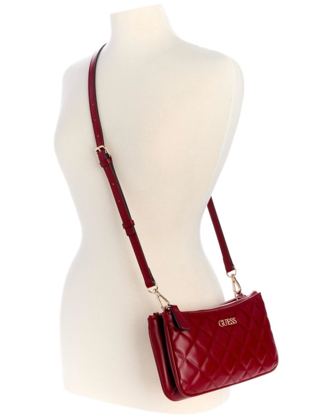 GUESS Quilted Red Triple-Compartment Crossbody with Gold Accents